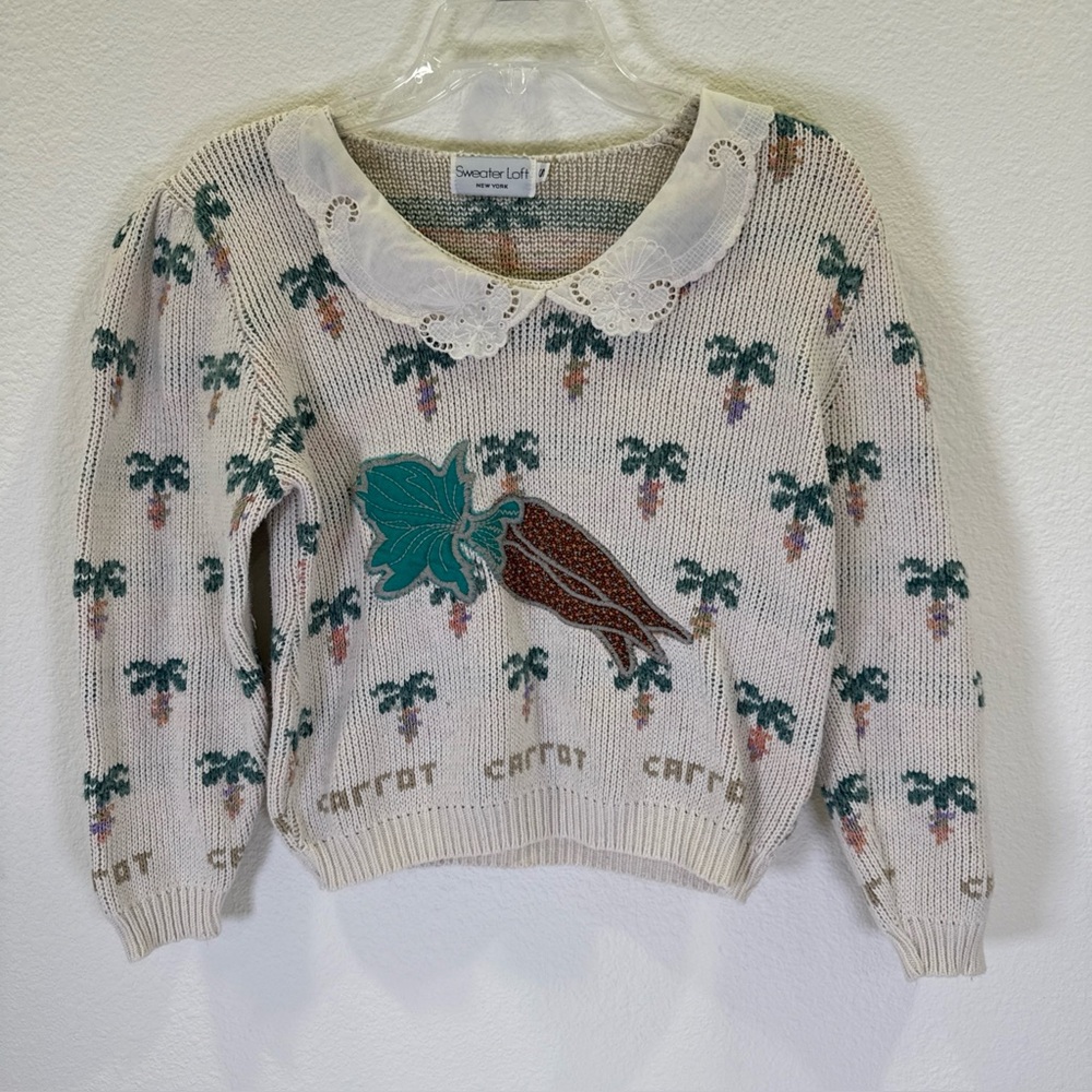 Vintage Kitsch Cottagecore Carrot Sweater Loft Size S Scalloped Eyelet Collar